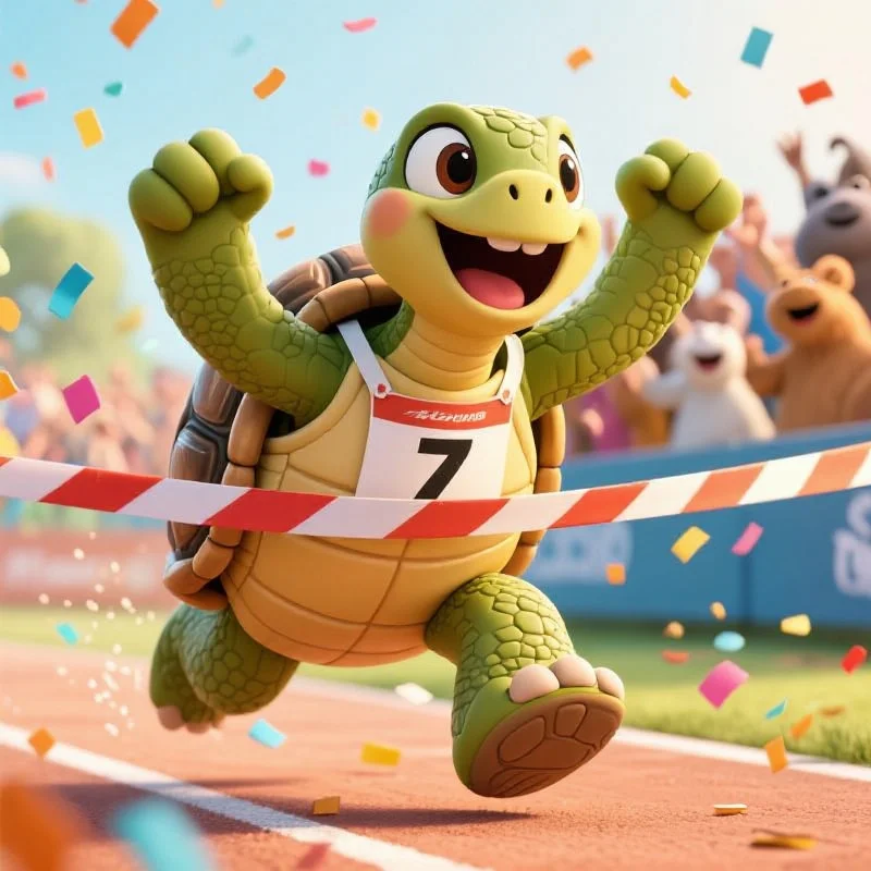 小乌龟“慢悠悠”身披7号号码牌，冲过终点线，脸上洋溢着胜利的喜悦